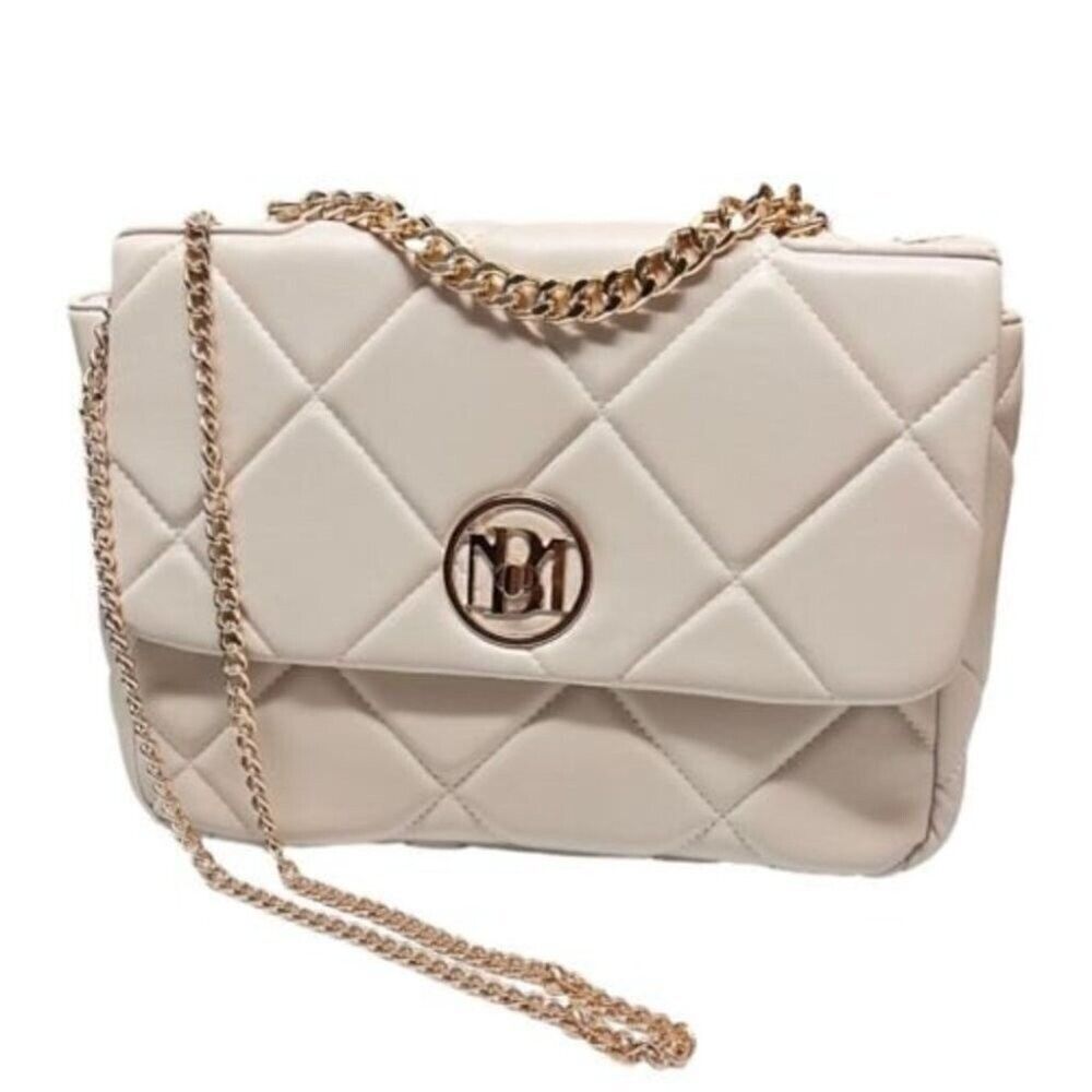 Badgley Mischka Bag Cream Vegan Quilted Gold Chain Crossbody Lock Classic